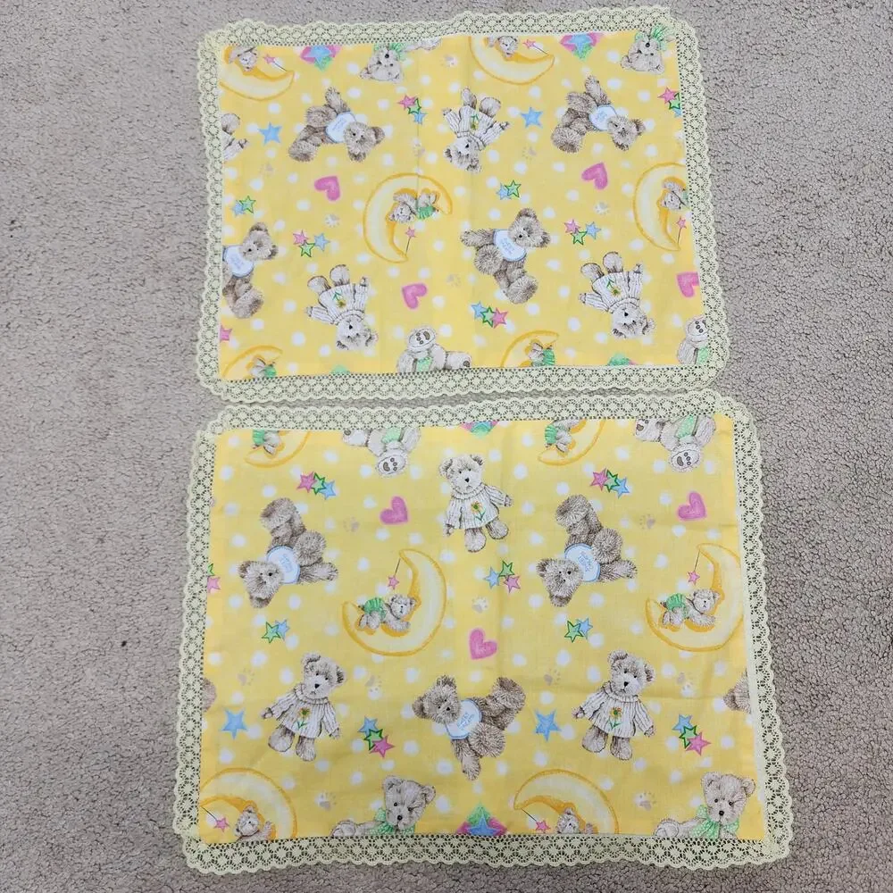 Boyds Bear Pillow Shams 16x12 Star Moon Yellow Lace Trim Cotton Handmade Nursery